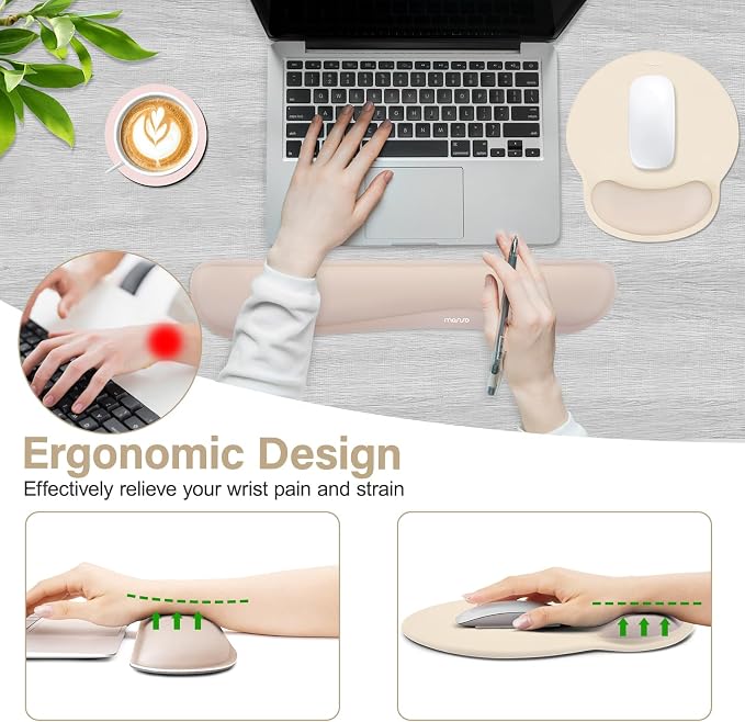 MOSISO Wrist Rest Support for Mouse Pad&Keyboard Set, Streamline Ergonomic Mousepad&Coaster Non-Slip Base Home/Office Pain Relief&Easy Typing Pad with Soft Cloth&Silicone Lining, Apricot