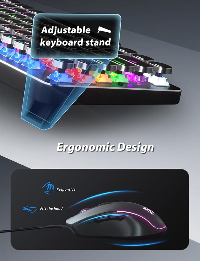 Typewriter Style Mechanical Gaming Keyboard Blue Switch, Rainbow LED Backlit Wired Computer Keyboards Mouse and Pad Combo, Metal Panel Retro Punk Round Keycaps, 104 Keys Anti-Ghost for PC Laptop Gamer