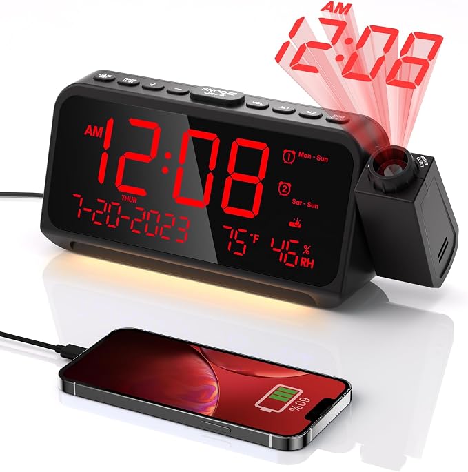 OnLyee Projection Clock for Bedroom Ceiling, Alarm Clock for Heavy Sleepers | 350° Red Projection, Red LED Display, Dual Alarms, 4 Alarm Modes, 5 Brightness Levels, Temp & Humidity, Snooze, USB Charging