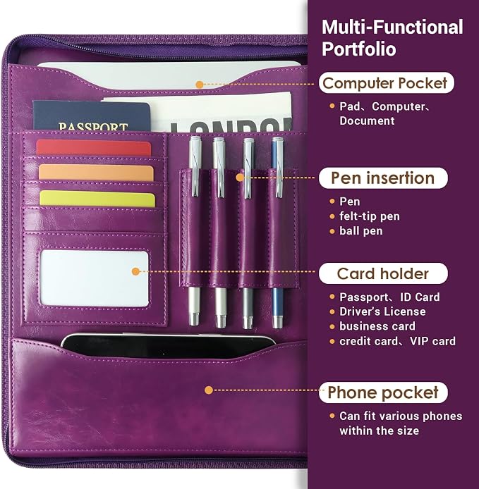 Faux Leather Zippered Padfolio with 3 Ring Binder, Executive Portfolio Organizer Binder for Women, Fits 13.9" Laptop/Tablet, Refillable Writing Pad Pocket, Purple