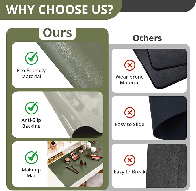 LovePads Makeup Mat for Vanity, 16 x 36 Dual-Sided Desk Pad & Vanity Cover Top, Waterproof PVC Protector Mat for Dresser, Nail Art, Craft Table (Green+Grey)