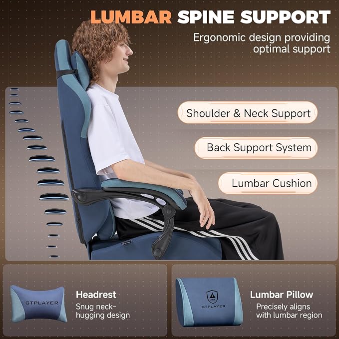 GTPLAYER Gaming Chair with Footrest, Ergonomic Office Chair 400lbs Heavy Duty, Big and Tall Computer Desk Chair with Lumbar Support and Headrest, Breathable Tech Fabric, 90-155° Recline Blue