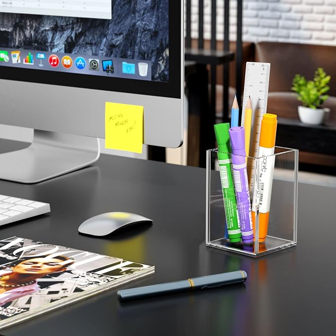 NIUBEE Acrylic Pen Holder for Desk, Clear Pencil Cup Organizer 4 Packs | Acrylic clear acrylic pen holder, durable transparent design organizes stationery and makeup tools for students and workers