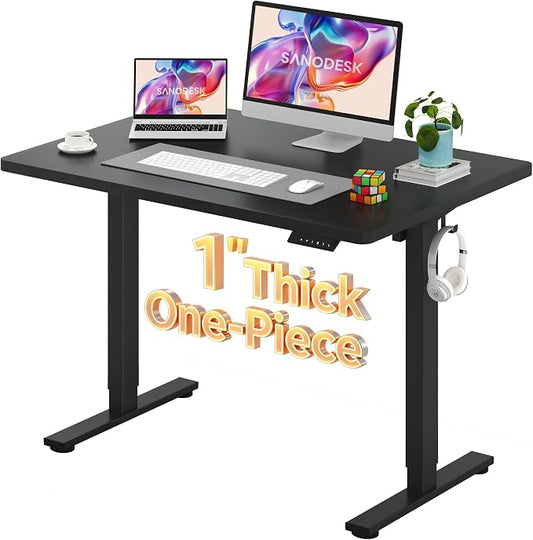 SANODESK Electric Standing Desk 48 x 30 Inches Whole-Piece Desktop Height Adjustable Stand Up Desk w/6-Button Controller Ergonomic Computer Desk for Home Office, Black Frame + Black Tabletop