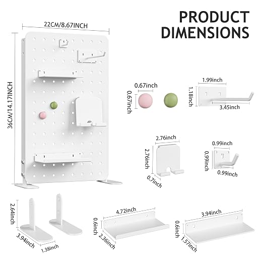 White Metal Desk Pegboard, 1 Pack Standing Organizer with Hooks | Freestanding 8.67 x 14.17 in panel with stands, hooks, shelves, phone holder and magnetic patches for desk storage