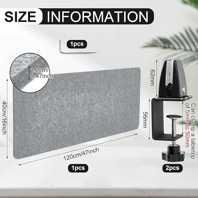 Colarr Sound Proof Dividers with Clamp 16 x 47 '' Mounted Desk Divider Privacy Panel Acoustic Absorbing Desk Partition Boards for Privacy Office Desktop Accessories Reduce Distractions (Light Grey)