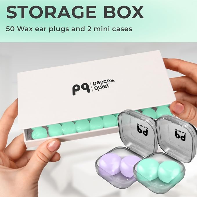 Peace&Quiet PQ Wax Ear Plugs for Sleeping, Swimming - 50 Soft Noise Cancelling Silicone Gel Wax Earplugs for Sleep and Swimmers, Ear Protection with Sound Blocking Level of 32 Db, Green