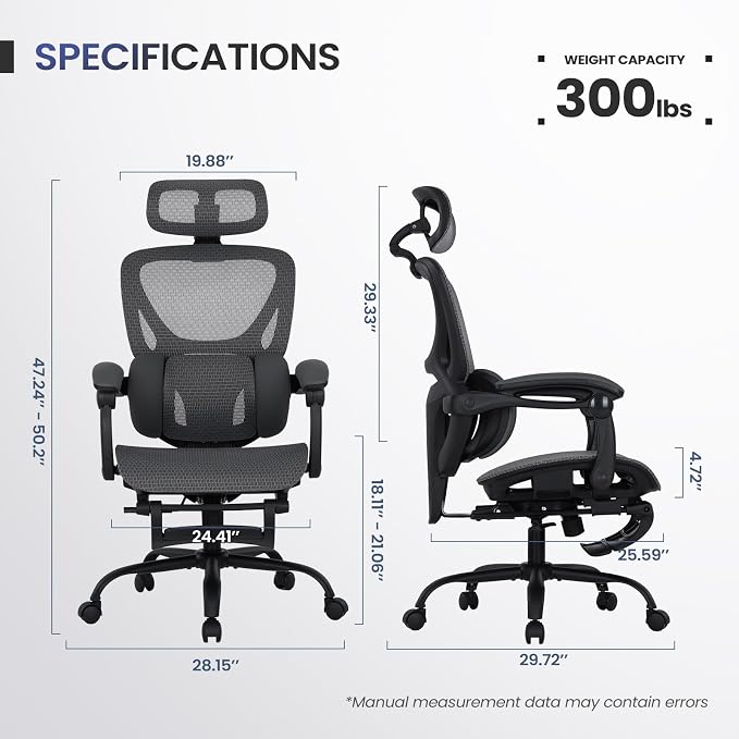 MALOL Ergonomic Mesh Office Chair with Footrest, Executive High Back Computer Desk Chair with 3D Adjustable Headrest & 5-Level Lumbar Support, Reclining Tilt Lock, 3D Arms, 300LBS Capacity, Grey