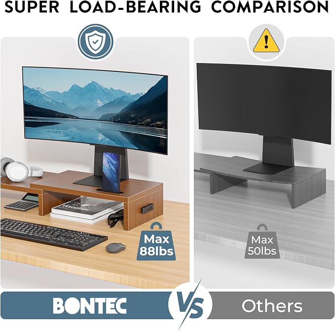 BONTEC Dual Monitor Stand Riser with Smartphone Holder, Adjustable Length & Swivel Angle, Ergonomic Wooden Desktop Organizer for PC Monitor, Laptop, Printer, Large Storage, Walnut