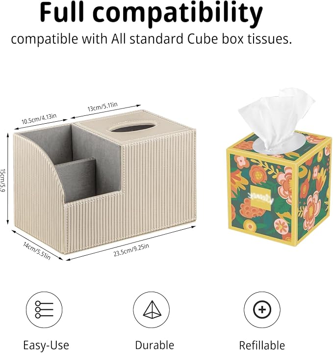 PU Leather Square Tissue Box Cover with Storage,Facial Tissue Box Holder | Multi-Functional Tissue and Remote Control Holder,Cube Tissue Box Organizer/dispenser for Bathroom,Nightstand,End Table Decor
