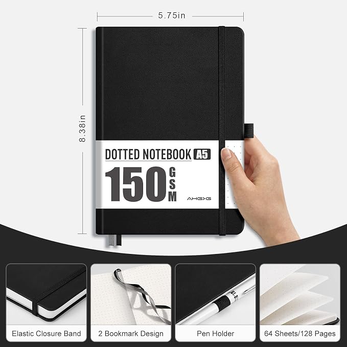 AHGXG Dotted Journal - 150 GSM Dot Grid Notebook Journal, Thick Acid-Free Paper, A5 Dotted Notebook 128 Pages, Leather Hardcover, Inner Pocket, Journal Stencil, 5.7'' × 8.3'', Black