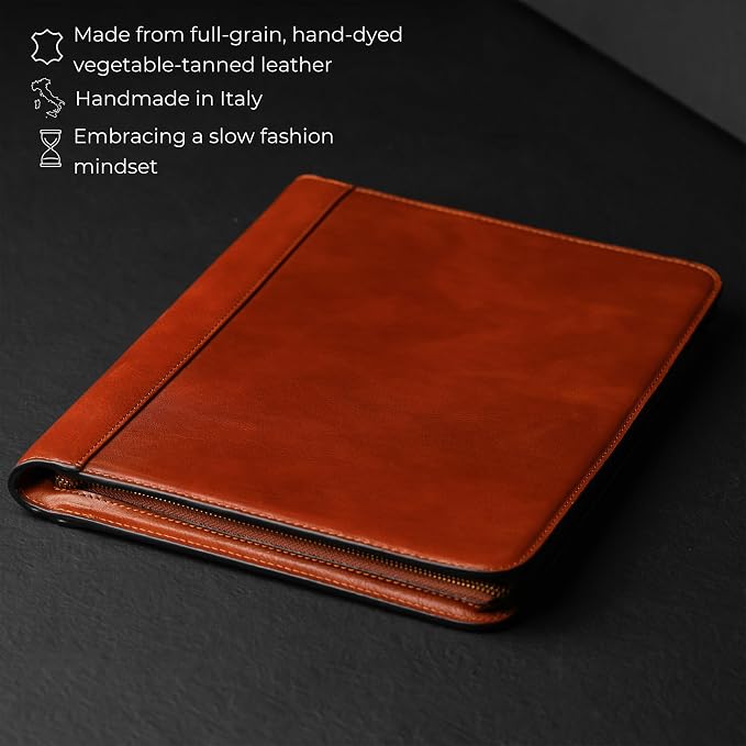 Time Resistance Leather Portfolio - A4 Document Folder - Italian Handcrafted Padfolio Organizer (Cognac Brown) - Gift Box Included