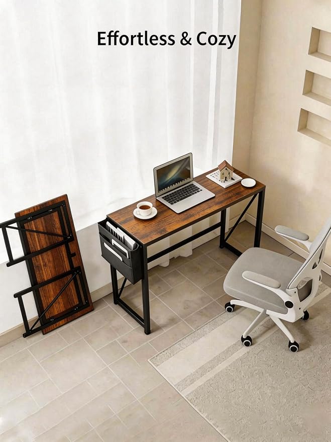Elephance Modern Foldable Writing Computer Desk for Home Office, No-Assembly Study Office Desk Table for Small Spaces, Rustic Brown, 31.5 Inch