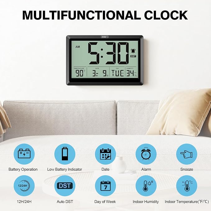 XREXS 10.4 Inch Digital Wall Clock Battery Operated Large Display Clock | Digital Calendar with Indoor Temperature/Humidity/Date/Day, Auto DST for Classroom, Livingroom, Office(No Backlight)