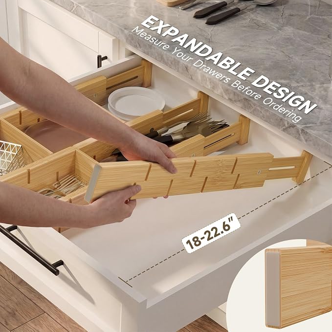 Bamboo Drawer Dividers, Expandable Kitchen Drawer Organizer | Include 8 Dividers, 8 Small Inserts and 8 Medium Inserts for Home, Office, Dressers
