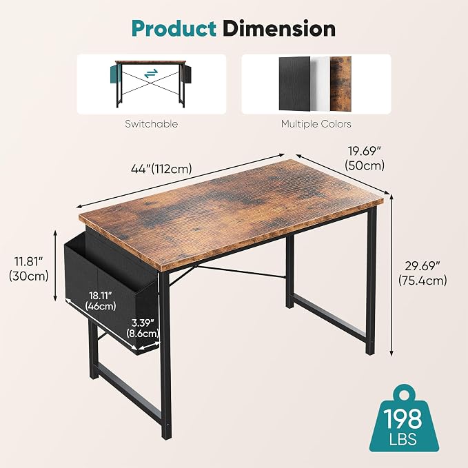 OLIXIS Computer Desk, 44 Inch Home Office Desks for Small Spaces, Writing Craft Study Gaming Table for Bedroom, Modern Computer Workstation with Storage Bag and Headphone Hook, Rustic Brown