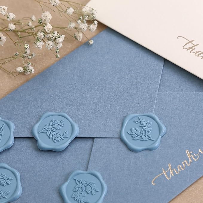 UNIQOOO Wax Seal Stickers - Eucalyptus Wedding Invitation Envelope Seal Stickers, 50 Pcs Self- Adhesive Dusty Blue Stickers, Perfect for Invitation, Christmas, Gift Wrapping