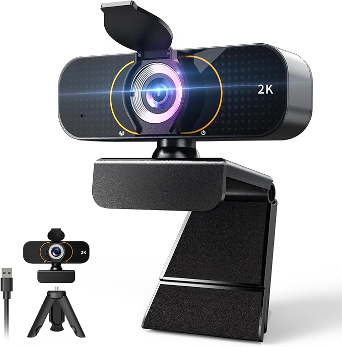 2K Webcam for Computer/Laptop/Desktop/PC, Camera with Microphone, USB Plug&Play, Auto Low Light Correction, Privacy Cover, Tripod, Wide Angle for Meeting/Online Video/Zoom