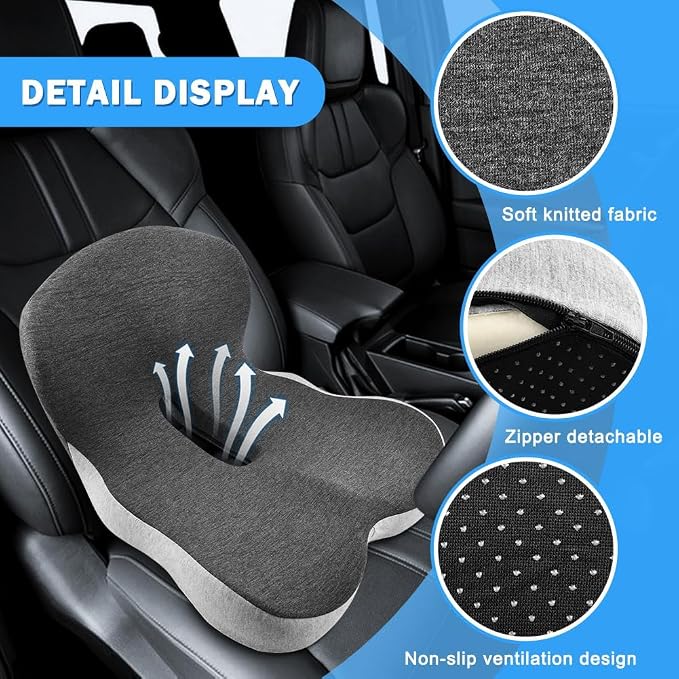 Memory Foam Seat Cushion with Lumbar Back Support, L-Shaped Integrated Ergonomic Coccyx Pad, Non-Slip Breathable Cushion for Comfort, Office Chair Car Wheelchair (Black+Gray)