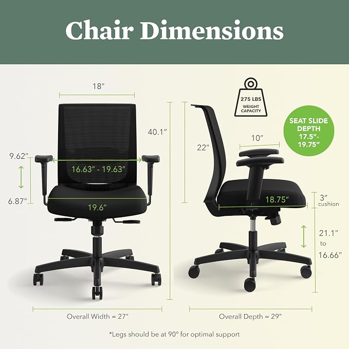 HON Convergence Ergonomic Office Chair with Mesh Back, Adjustable Arms, Lumbar Support, Synchro‑Tilt Desk Chair with Wheels for Home Office or Computer Use, Black Frame, Black
