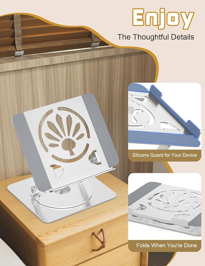 Adjustable Laptop Stand for Desk-360° Rotating Foldable Laptop Holder Ergonomic Laptop Riser for MacBook Pro/Air Dell HP Lenovo Notebook up to 16.3",Silver