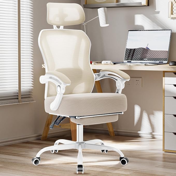 Ergonomic Office Chair with Footrest,Ultra Thick Desk Chair,Cream | 150°Reclining,Mesh High Back,Adjustable 2D Lumbar Support and Headrest,4.8" Spring Cushion,Premium Computer Chair for Adults