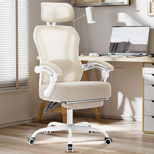 Ergonomic Office Chair with Footrest,Ultra Thick Desk Chair,Cream | 150°Reclining,Mesh High Back,Adjustable 2D Lumbar Support and Headrest,4.8" Spring Cushion,Premium Computer Chair for Adults
