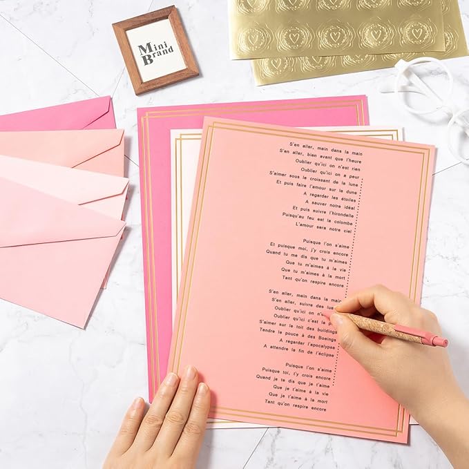 50 Pack Colored Stationery Set, 5 Colors #10 Business Envelopes, 50 Sheets 8.5x11 Paper Sheet and Gold Stickers for Office, Letters, Invitations (Pink)