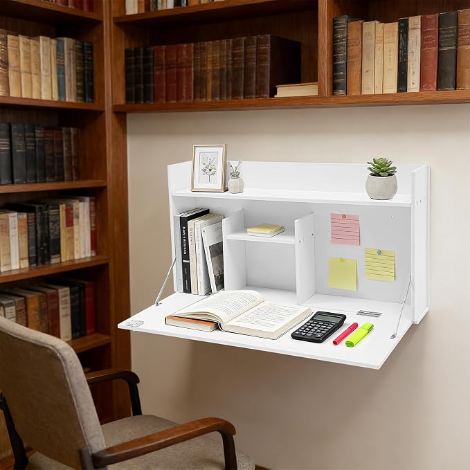 Wall-Mounted Foldable Desk Cabinet with Storage Drawers, Space-Saving PVC Organizer for Home Office, Study Room, Bedroom, Small Apartment & Remote Work (White)