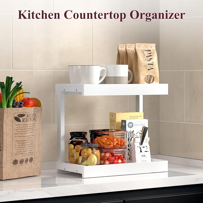 MARTY Counter Shelf Organizer, Large Spice Rack for Countertop, White | 2 Tier Serving Tray, 15.75"x8.9"x14.4" Large Display Stand, Coffee Bar/Station Organizer for Mugs Cups, for Kitchen Pantry