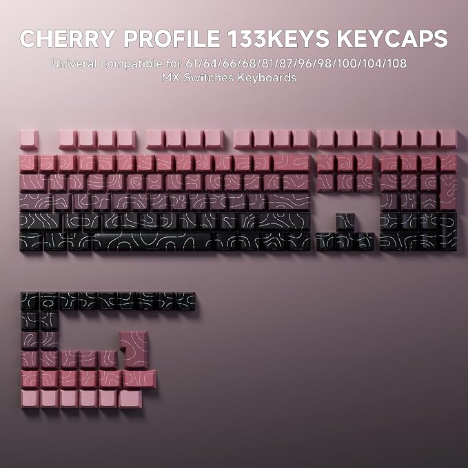 FunHub Shine Through PBT Keycaps - Pink Side Printed DoubleShot Keycaps Set 133 Keys 60 65 75 100 Percent Cherry Profile,Gradient Topographic RGB Backlit Key Caps for MX Full Size Mechanial Keyboards