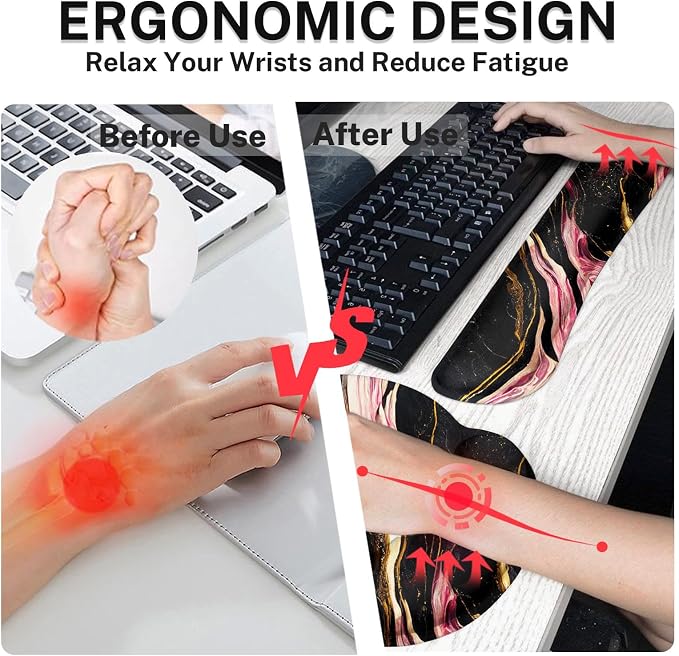Britimes Black Pink Gold Marble Ergonomic Mouse Pad Set with Wrist Rest Non-Slip Rubber Base Wrist Cushion Support and Coasters Mousepad with Wrist Support for Computer Keyboard and Desk