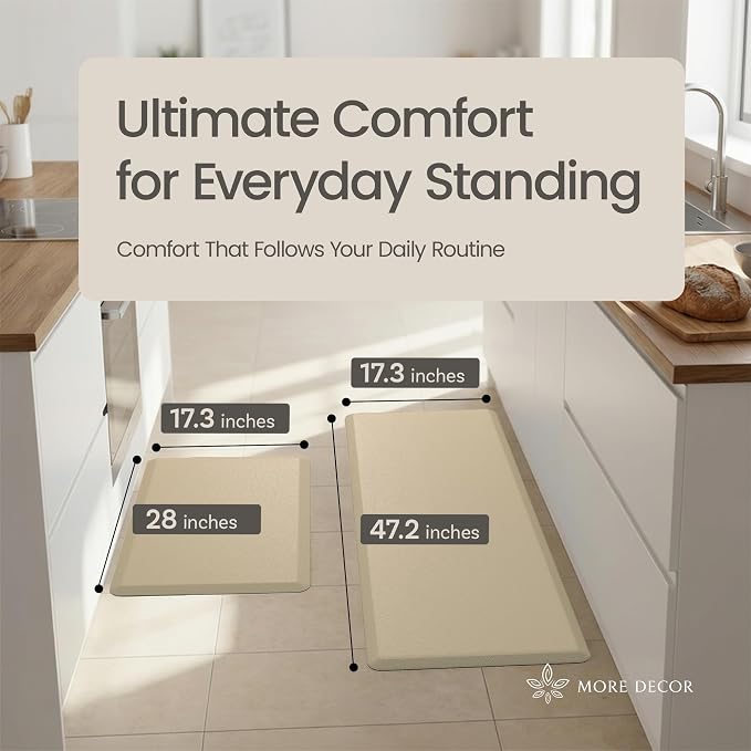 Anti Fatigue Kitchen Mats for Floor | Padded Kitchen Rugs | Non Slip, Cushioned Standing Desk Mat | Waterproof Floor Mat | 17.3" x 28" x 0.47" & 17.3" x 47.2" x 0.47", Beige, 2-Pack | More Décor