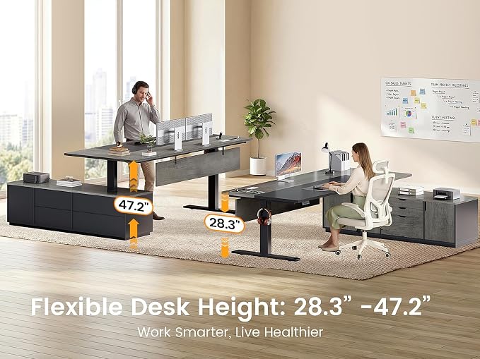 SEDETA Executive L Shaped Electric Standing Desk, 71" Height Adjustable Executive Desk with 3 Drawers and Cabinet, Sit Stand Up Home Office Desk with Power Outlets & Side Hook (Grey)