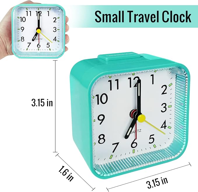 Lamisola Small Battery Operated Analog Alarm Clock, Travel Clock, Quieter Bedside Clocks for Bedrooms Bathroom Shelf Desk, Green