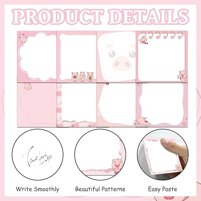 Pig Gifts Sticky Notes - 9 PCS Pink Piggy Self Stick Notes, Pig Gifts for Women Cute Notepads Office School Supplies for Students Teachers Piggy Lover 3x3 Inches
