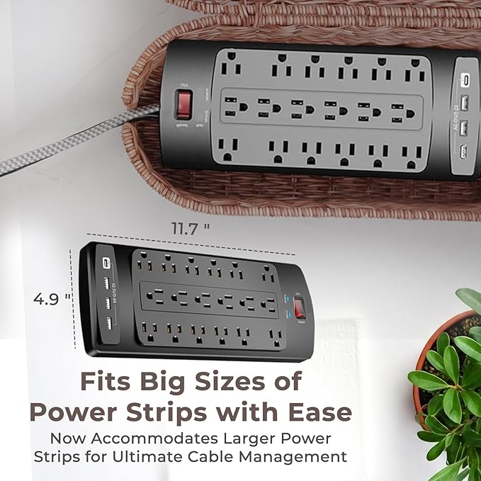 Cable Management Box, Handmade Rattan Cable Organizer, 2 Open Slots Cords Hider Box, Under Desk Cord Organizer for Computer Router USB Hub & Power Strip, 15.9" x 6.5" x 6.5", Brown