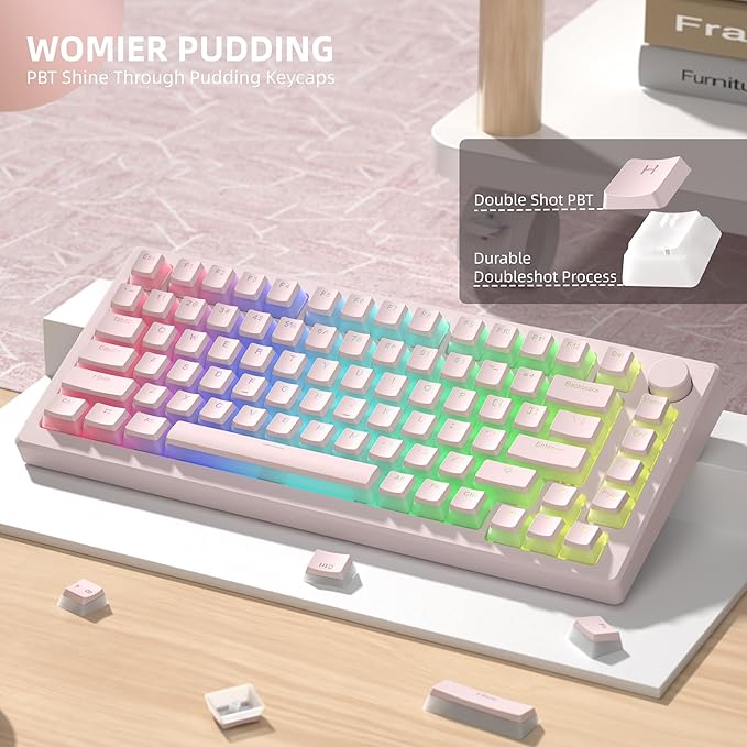 Womier Double Shot PBT keycaps, Shine Through Pink Keyboard Key caps, OEM Profile Pudding Custom keycaps 75 Percent 130-key Set for 60% 65% 75% 100% Cherry Gateron MX Mechanical Keyboard-Pink