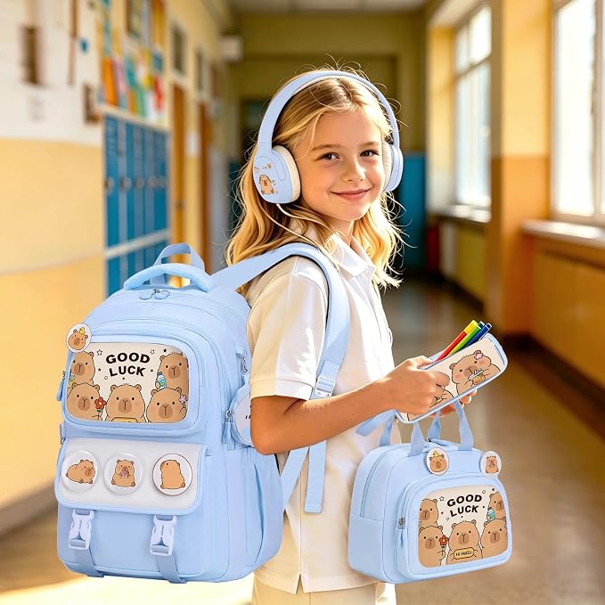 Capybara Backpack for Girls with Headphones - 4PCS Girls Backpack for Kindergarten Elementary Middle High School Travel - 3.5mm Wired Headphones Backpacks Back to School Gift(Blue)