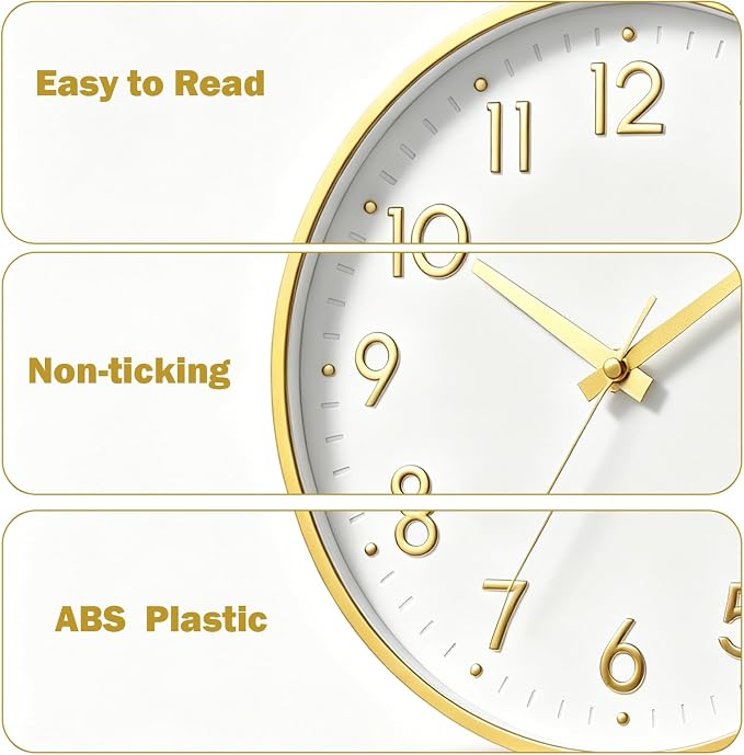 Mosewa Small 8 Inch Wall Clock Battery Operated Silent Non Ticking Analog | White Gold modern clock; oversized 3D easy-read dial for kitchen, bedroom & office; 1 AA battery (not included)