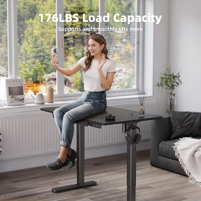 YDN Standing Desk with Drawer 48 x 24 Inch Electric Height Adjustable Black | Steel frame supports 176 lbs, 28.3 to 46.5 inch height range, 3 memory presets, quiet 45 dB motor, drawer holds 11 lbs