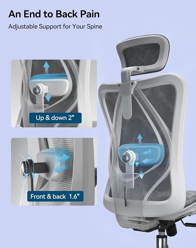 SIHOO M57 Ergonomic Mesh Office Chair, High Back Home Desk Chair with 3D Armrests, Lumbar Support and Adjustable Headrest, Comfortable Computer Chair, Big & Tall Office Chair Hold 330 LBS-Light Grey