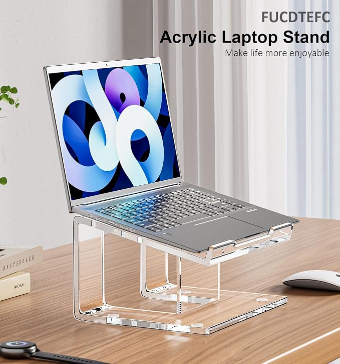 FUCDTEFC Acrylic Laptop Stand for Desk, Laptop Riser for 10-15.6 Inch Laptops, Ergonomic Computer Stand Holder Compatible with Macbooks and Notebooks- Clear | Ergonomic Computer Stand Holder, Compatible with Macbooks and Notebooks, Clear