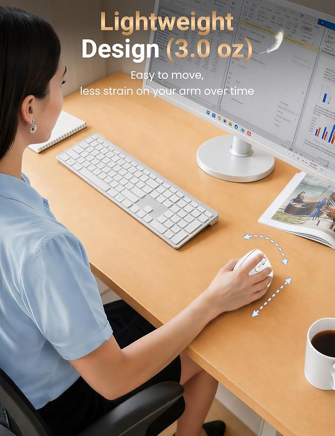 Ergonomic Vertical Wireless Mouse, 57°, Small/Medium Hands, White | Rechargeable, Quiet Click, 800/1200/1600 DPI, 2.4GHz USB Receiver, Forward/Back Buttons, Computer Mouse for Laptop PC Mac