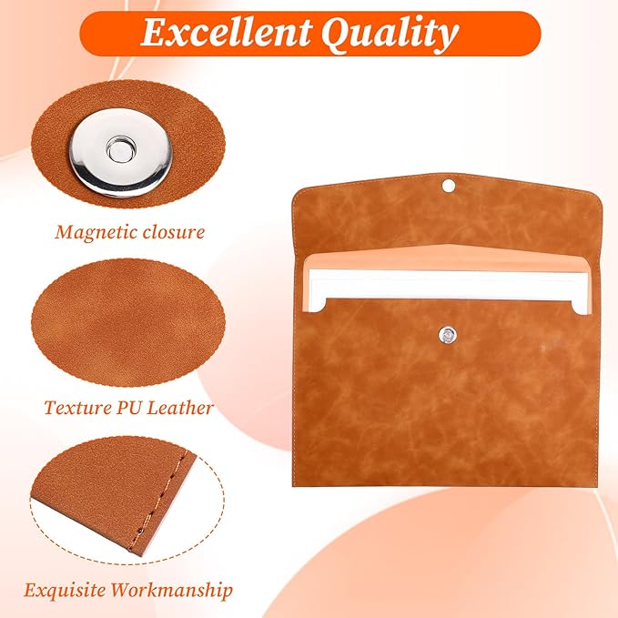 Leather Folder, Leather Envelope Document Folder A4 Flie Holder for Documents Letters Envelopes Waterproof Portfolio Brown PU Envelope Case with Snap Closure for Receipt Contract Paper Bills