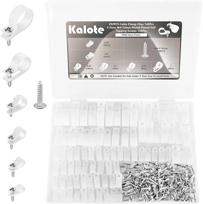 292Pcs White PA66 Nylon R Type Cable Clamps Clips Assortment Kit | Good Ductility, Fireproof, 6 Sizes (3/16'' 1/4'' 3/8'' 1/2'' 3/4'' 1''), 146pcs M4 Screws, for TV/PC/AC Cables & Wires.