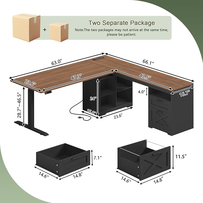 YOMILUVE Farmhouse L Shaped Standing Desk, 66 inch Corner Electric Standing Desk with Drawers ＆ Storage Shelves, Height Adjustable Computer Desk with Power Outlets for Home Office (Black and Brown) | Corner Electric Standing Desk with Drawers ＆ Storage...