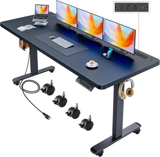 Electric Standing Desk with Wheels, 63'' x 24'' Standing Desk Adjustable Height with Charging Station, 2 USB Ports, 3 Power Outlets, 4 Caster, 27''-46'' Lifting Range Stand up Desk(Black)