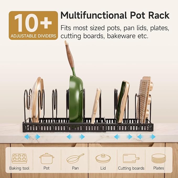 MUDEELA Pot Lid Organizer for Cabinet, Expandable Baking Pan Rack 10 Slots | 11.8–22.9" Expandable, 10 Adjustable Divider, Tool-Free Assembly, Non-Slip, Scratch-Proof, For Pan Lid Cutting Board Bakeware