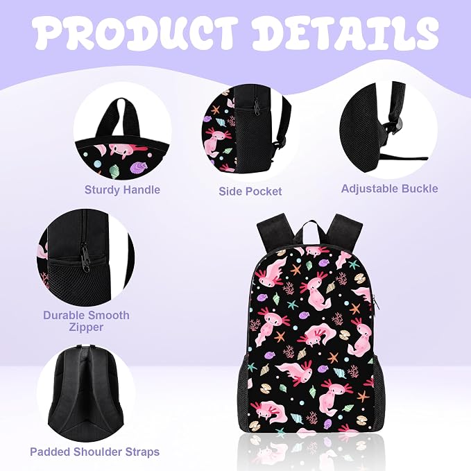 3PCS Axolotl Backpack for Boys Girls Teens, School Backpack with Lunch Box Pencil Case for Elementary Middle High Students, 17 Inch Lightweight Bookpack 3 in 1 Set Back to Shool Supplies for Kids